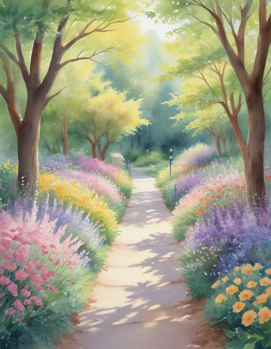 A serene pathway symbolizing hope, lined with blooming flowers and soft sunlight filtering through trees, leading towards a healing clinic. Include a representation of diverse patients and medical staff sharing knowledge and support along the way. Emphasize warmth, optimism, and community bond in the journey of cancer recovery. bright and uplifting. watercolor style. soft pastel colors.