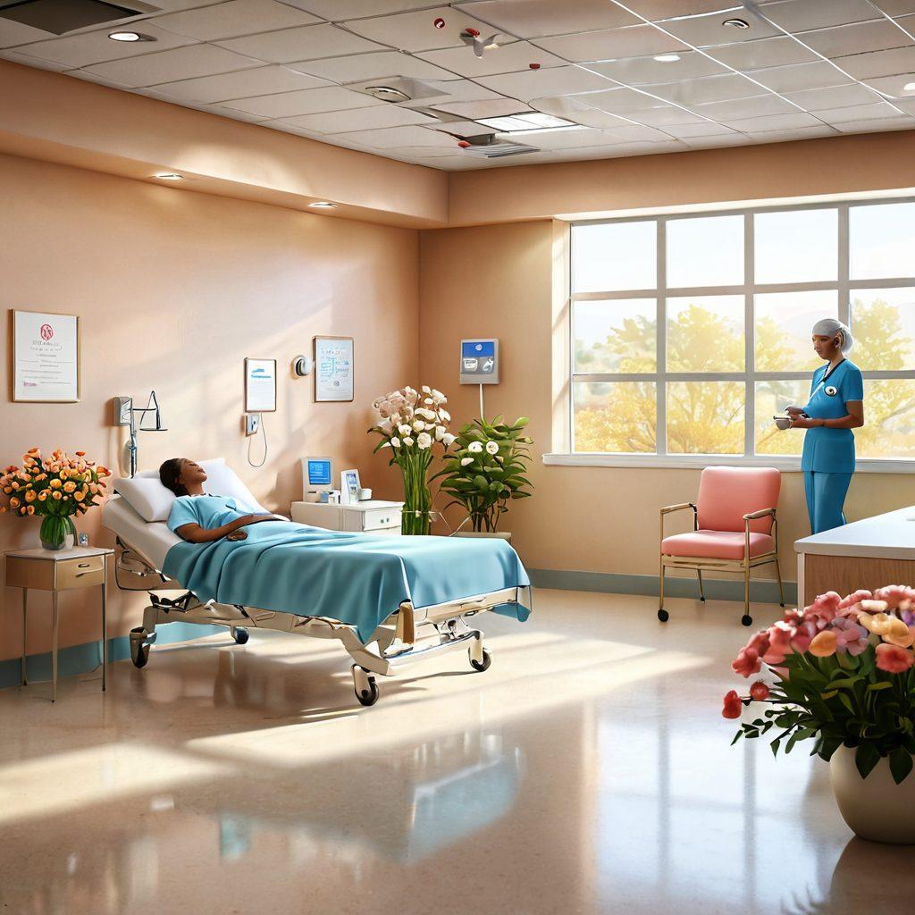 A serene hospital scene filled with compassionate healthcare professionals assisting a diverse group of cancer survivors, showcasing various treatment options like chemotherapy and radiation therapy. Include symbols of hope, like blooming flowers and supportive family members, surrounding the patients. A warm, inviting atmosphere with soft lighting and soothing colors. super-realistic. vibrant colors. 3D.