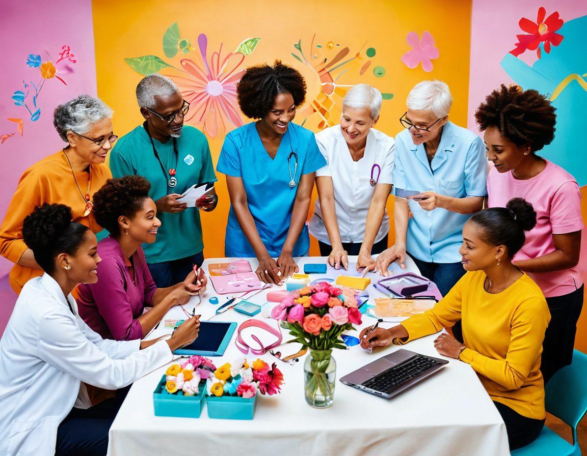 A diverse group of people of various ages and backgrounds collaborating in a warm, inviting environment, surrounded by symbols of cancer awareness such as ribbons, flowers, and wellness tools. Include elements of innovation like technology and healthcare devices, represented in a friendly manner. The scene conveys support, hope, and community spirit. soft lighting, vibrant colors. painting.